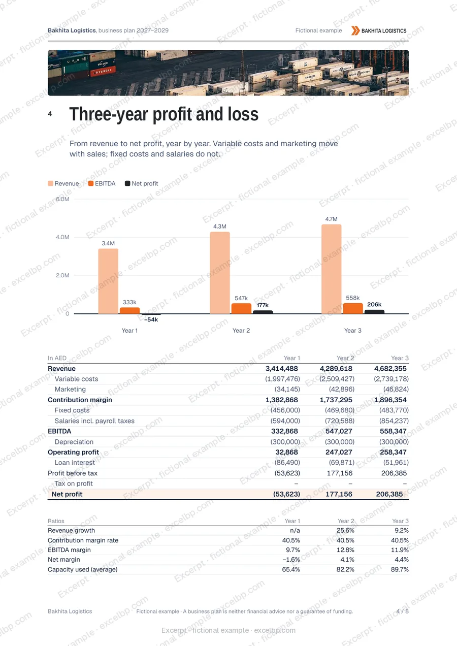 Bakhita Logistics, fictional example: report page 4 (profit and loss), watermarked excerpt