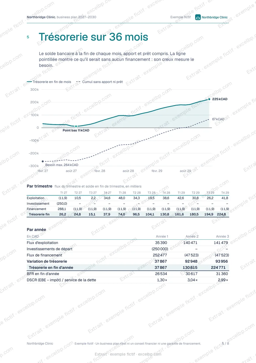 Northbridge Clinic, exemple fictif : page 5 du rapport (trésorerie), extrait filigrané