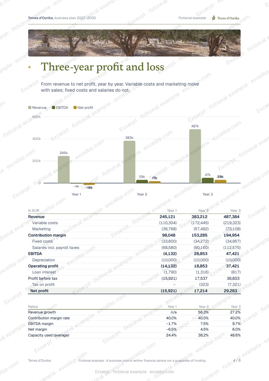 Terres d'Ourika, fictional example: report page 4 (profit and loss), watermarked excerpt